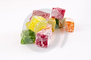 Dessert closeup. Multicolored slices of sweet lakuma