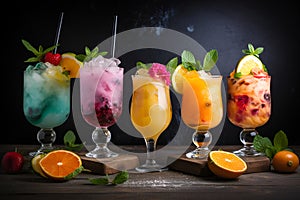 Dessert collection of sweet drinks. A set of cocktails and ice cream decorated with fruits and sweets. Generative AI.