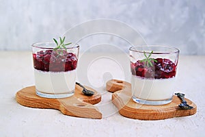 Dessert, creamy panna cotta with cherry sauce in glass glasses on a light concrete background. Desserts without baking. Desserts