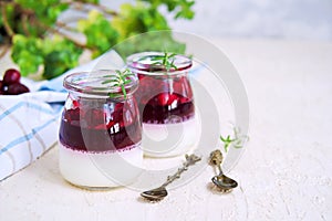 Dessert, creamy panna cotta with cherry sauce in in vintage glass jars on a light concrete background. Desserts without baking.