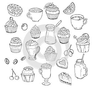 Dessert and drinks collection. Hand drawn vector.