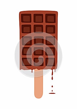 Dessert food vector illustration of golden brown homemade corn dog on a stick with dark droped chocolate.