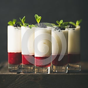 Dessert in glass with blackberries and mint, copy space