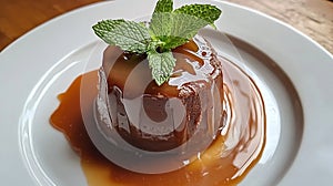 A dessert with a green leaf on top of it