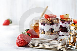 Dessert of homemade muesli, berries and yogurt