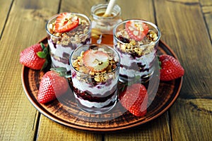 Dessert of homemade muesli, berries and yogurt