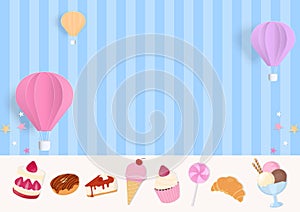 Dessert and hot air balloon on blue stripe pattern