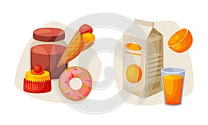 Dessert with Ice Cream and Carton with Orange Juice Vector Set