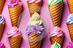 Dessert Ice cream cones with various flavors and flowers on a pink background