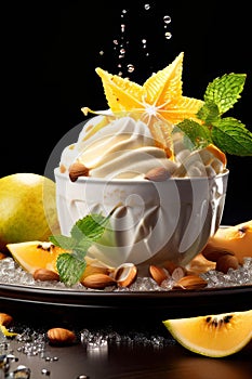 Dessert of ice cream with star shaped carambola garnish is made of crushed almonds, orange slices. For summer dessert