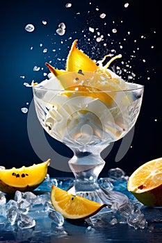 Dessert of ice cream with star shaped carambola garnish is made of crushed almonds, orange slices. For summer dessert