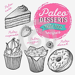 Dessert illustration - cake, donut, croissant, cupcake, muffin for paleo diet