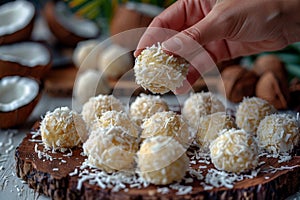 dessert indulgence, two fingers lifting a coconut ball, getting ready to savor the rich and sweet treat photo