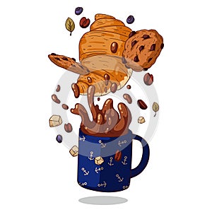 A dessert, isolated vector illustration. A picture of delicious croissant, chocolate chip cookies and splashing coffee mug