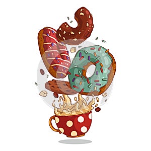 A Dessert, isolated vector illustration. A vivid picture of delicious donuts, chocolate cookies, and a cup of splashing milk