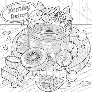 Dessert in a jar with berries and fruits. Coloring book antistress for children and adults. photo