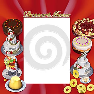 Dessert menu with chocolate and cream cakes