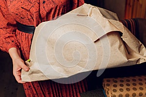 dessert paper bag waiting for customer on counter in modern cafe coffee shop, food delivery, cafe restaurant, takeaway