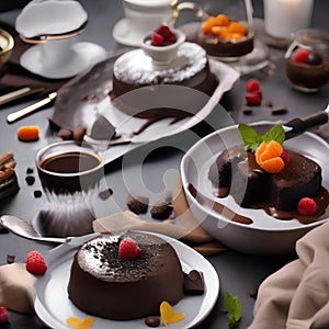 A dessert platter showcasing a decadent chocolate lava cake oozing with rich, molten chocolate1