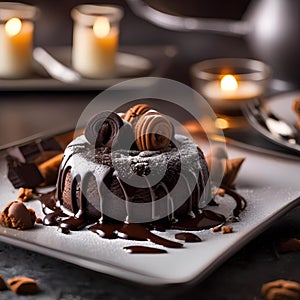 A dessert platter showcasing a decadent chocolate lava cake oozing with rich, molten chocolate2