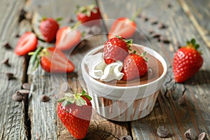 dessert presentation, rich chocolate pudding adorned with strawberries and whipped cream, an excellent dessert for the