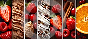 Dessert products collage with white vertical lines bright white light, divided into 7 segments