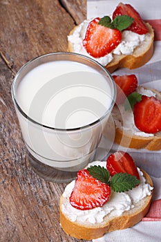 Dessert sandwiches with cream cheese, strawberries and milk