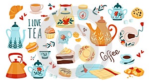 Dessert sticker. Tea and coffee time collection. Cute doodle set for cafe, birthday or breakfast with cookie, cake and