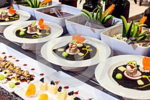 Dessert Sweets on banquet table. Rows of tasty looking desserts in beautiful arrangements hotel, Egypt