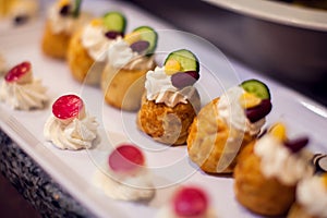 Dessert Sweets on banquet table. Rows of tasty looking desserts in beautiful arrangements hotel, Egypt