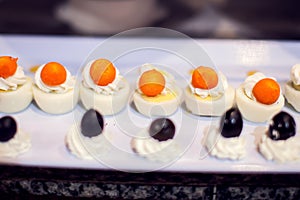 Dessert Sweets on banquet table. Rows of tasty looking desserts in beautiful arrangements hotel, Egypt