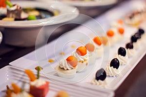 Dessert Sweets on banquet table. Rows of tasty looking desserts in beautiful arrangements hotel, Egypt