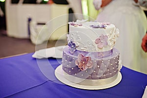 Dessert table of delicious violet wedding cake