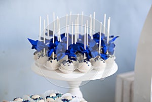 Dessert table for a party. Cake, cupcakes, sweetness and flowers. Maritim theme candy bar.