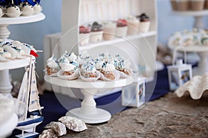 Dessert table for a party. Cake, cupcakes, sweetness and flowers. Maritim theme candy bar.