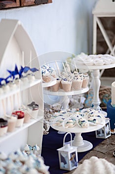 Dessert table for a party. Cake, cupcakes, sweetness and flowers. Maritim theme candy bar.