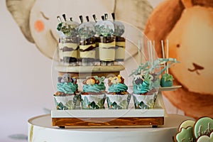 Dessert table for a party. Candy bar and cheese bar. Rich thematic wedding candy bar high variety of sweets