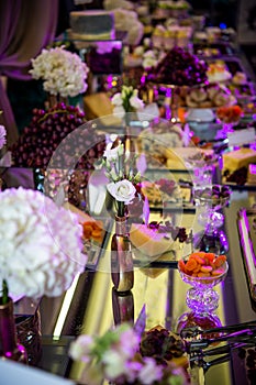 Dessert table for a party. Candy bar. Rich thematic wedding candy bar high variety of sweets