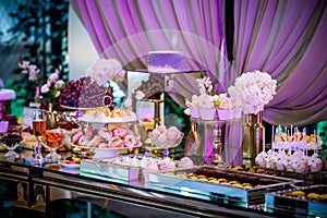 Dessert table for a party. Candy bar. Rich thematic wedding candy bar high variety of sweets