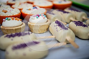 Dessert table for a party Candy bar. Rich thematic wedding candy bar, high variety of sweets