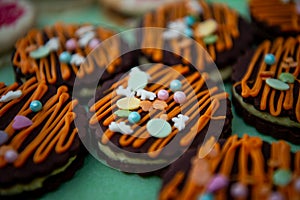 Dessert table for a party Candy bar. Rich thematic wedding candy bar, high variety of sweets