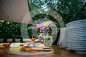 Dessert table for a party Candy bar. Rich thematic wedding candy bar, high variety of sweets