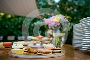 Dessert table for a party Candy bar. Rich thematic wedding candy bar, high variety of sweets