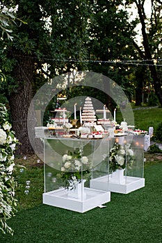 Dessert table for a party Candy bar. Rich thematic wedding candy bar, high variety of sweets