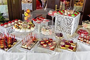 Dessert table for a party. Ombre cake, cupcakes. Candy bar