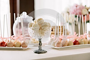 Dessert table for a party. Ombre cake, cupcakes, sweetness and flowers. Vase with sweets. Wedding decor