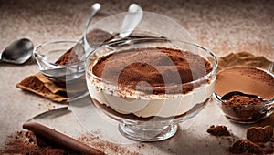 Dessert tiramisu in a glass bowl, cocoa creamy