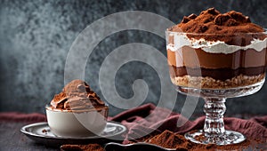 Dessert tiramisu in a glass bowl, cocoa creamy powder