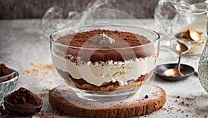 Dessert tiramisu in a glass bowl, cocoa creamy powder gastronomy