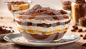 Dessert tiramisu in a glass bowl, cocoa creamy powder gastronomy morning